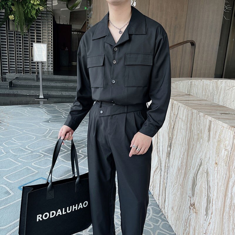 sanyamk Autumn Grey Black Sets Men Fashion Retro Pocket Long-sleeved Shirt/trousers Two-piece Men Korean Loose Casual Mens Sets M-2XL