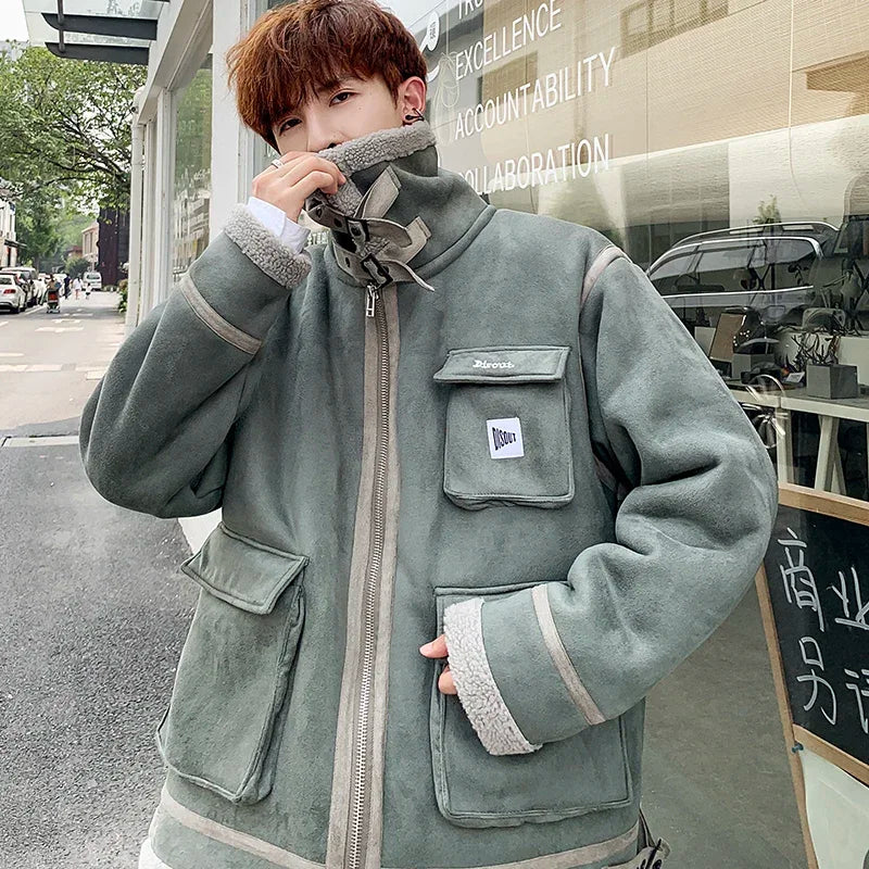 sanyamk Winter Leather and Fur Integrated Cotton Clothes Men Jackets Warm Coat Autumn Streetwear Harajuku New Korean Unisex Top Coat