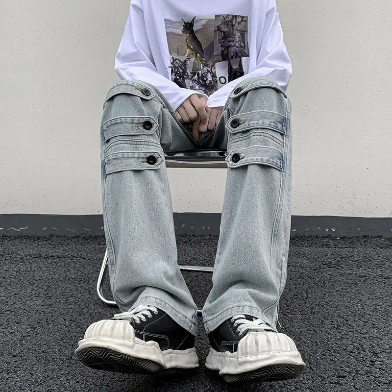 Bonsir American Style High Street Niche Style Zipper Jeans Men Trendy Brand Fried Street Loose Straight Tube Work Pants Design Sense