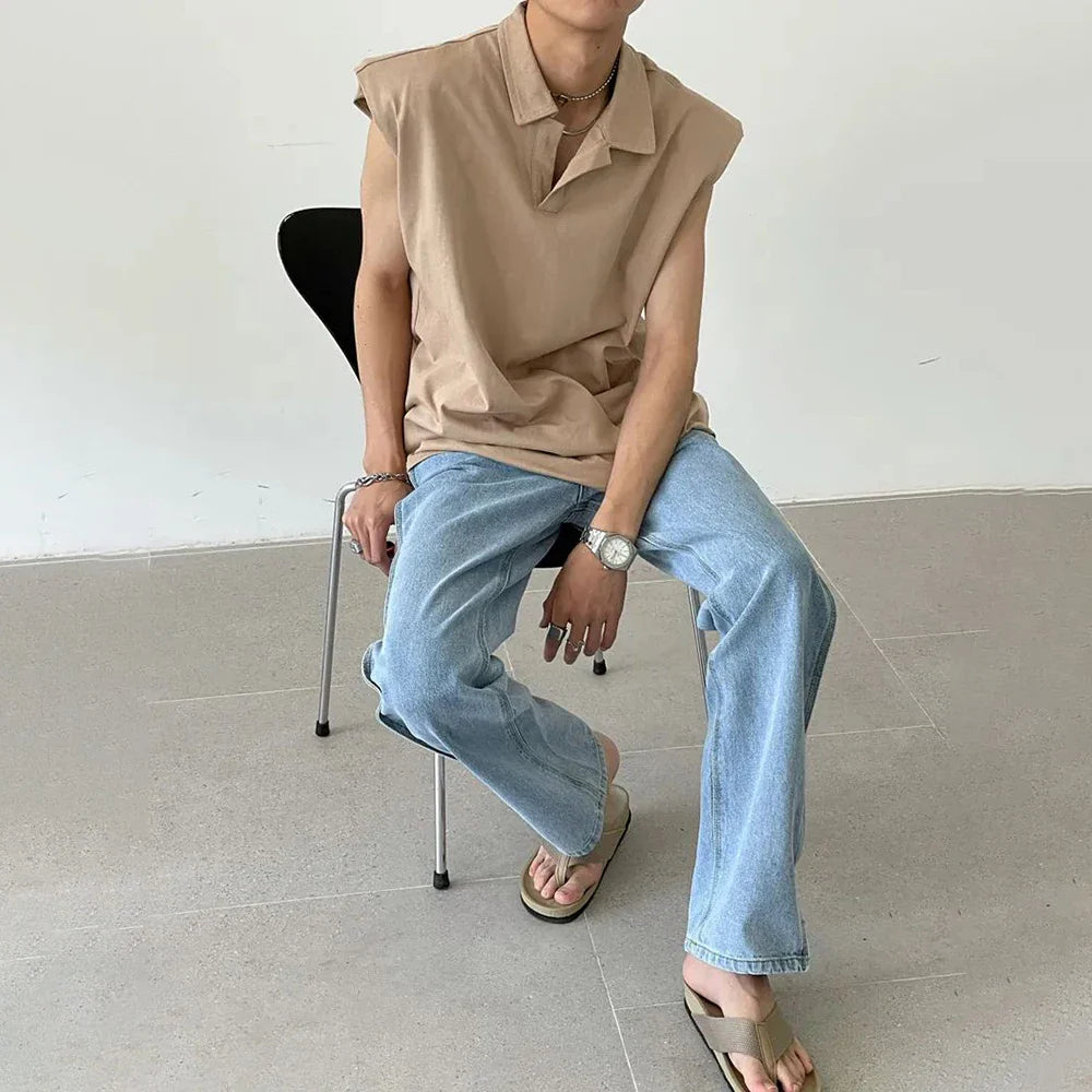 sanyamk Men Vest Solid Lapel Sleeveless Top TShirt Summer Trend Streetwear New Loose Casual Tank Tops Fashion Commuter Polo Shirt Unisex