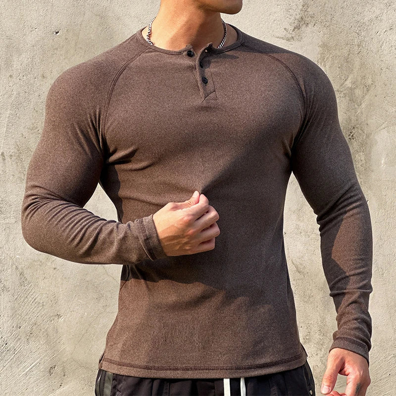 sanyamk - Casual Long Sleeve Solid T-shirt Gym Man Long Sleeve Henry Collar Shirt Muscle Men Elastic Ribbed Basic Tops Pullover Streetwear