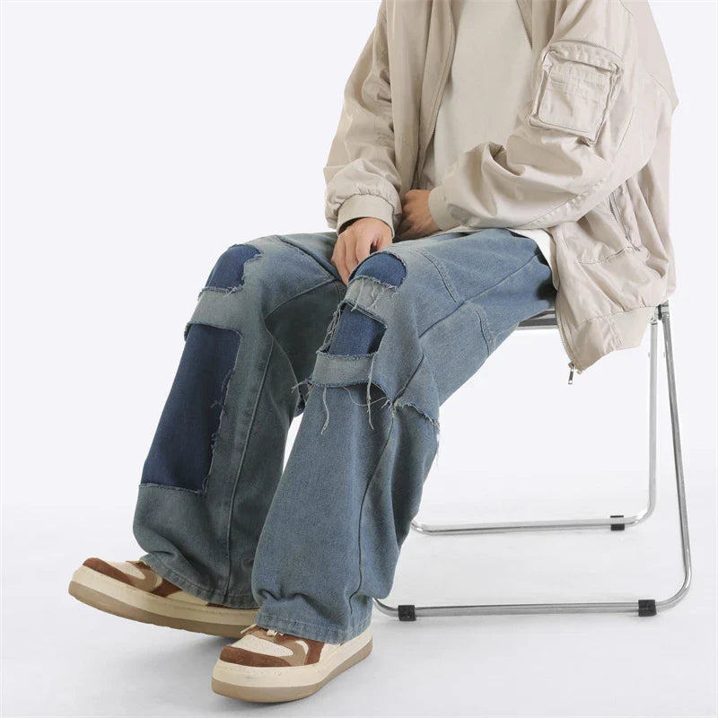 Bonsir American Splicing Niche Jeans Men's High Street Straight Wide Leg Drape Causal Loose Floor Mopping Trousers Male Clothes