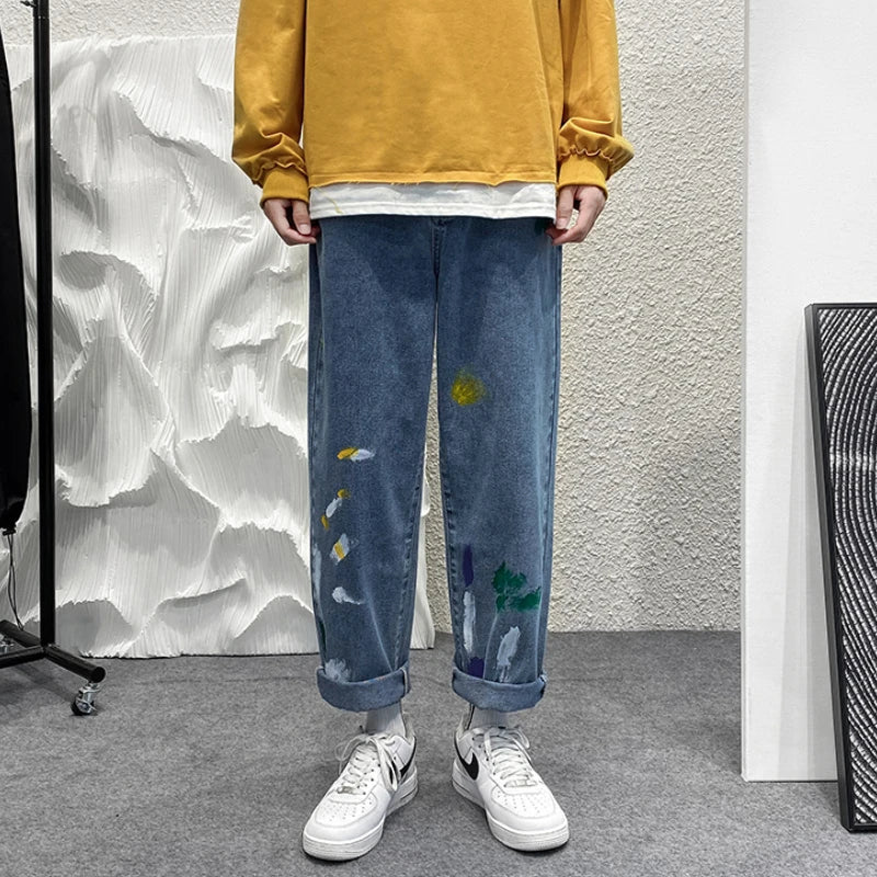 sanyamk Blue Denim Pants Men Graffiti Jeans New Straight Jean Pants Man Casual Baggy Neutral Denim Trousers Men's and Women's Pants