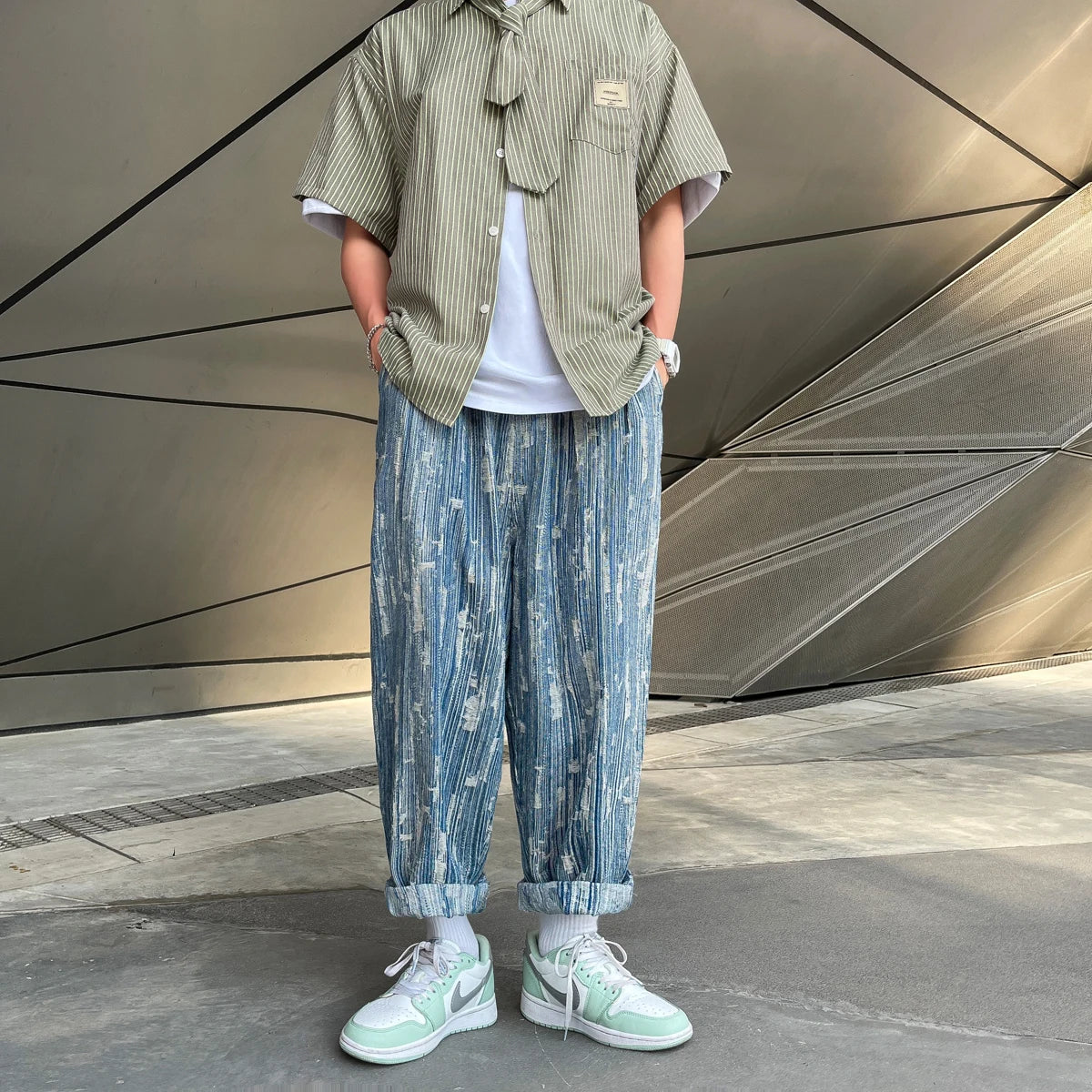 sanyamk - Light Blue Jacquard Jeans Men Spring New Street Handsome Loose Pants Men Elastic Waist Straight Vintage Denim Pants