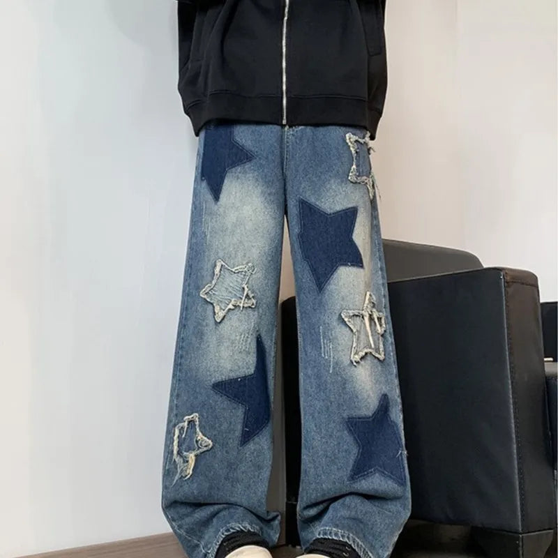 sanyamk Star Embroidery Patchwork Jeans Men Straight Casual Autumn New Wide Leg Hip-hop Fashion Youth Neutral Streetwear Denim Trousers