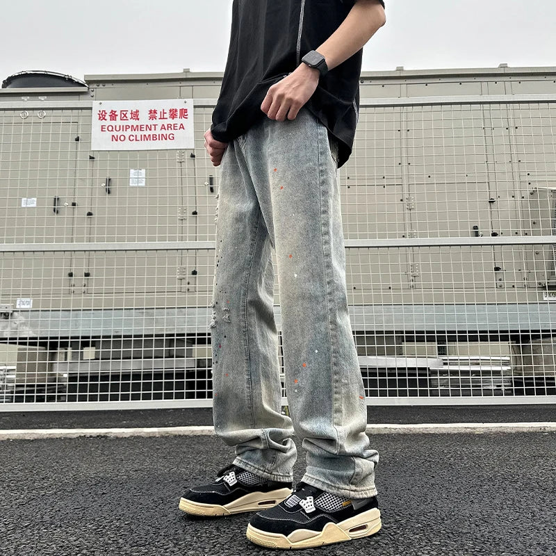 BONSIR - New Ripped Jeans Man Pants Colored Paint Dots Long Straight Casual Denim Trousers Fashion Oversized Streetwear Clothing Men