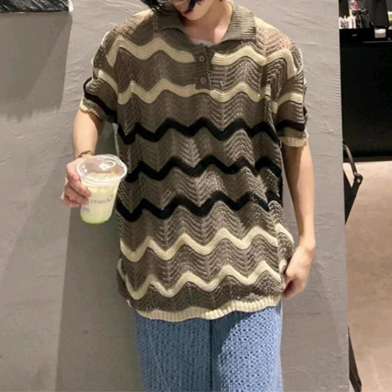 sanyamk - Leisure Hollow Out Knitted T Shirt Men Casual Lapel Button Short Sleeve Knit Tops Mens Summer Fashion Striped Knitting T-shirts