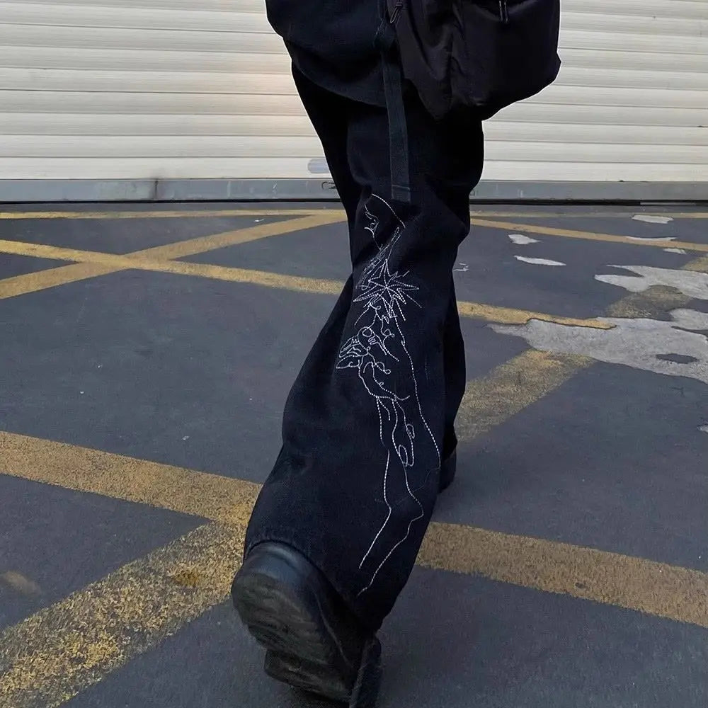 sanyamk American retro high street trendy and personalized graphic straight leg jeans for men and women hip-hop loose casual floor mops