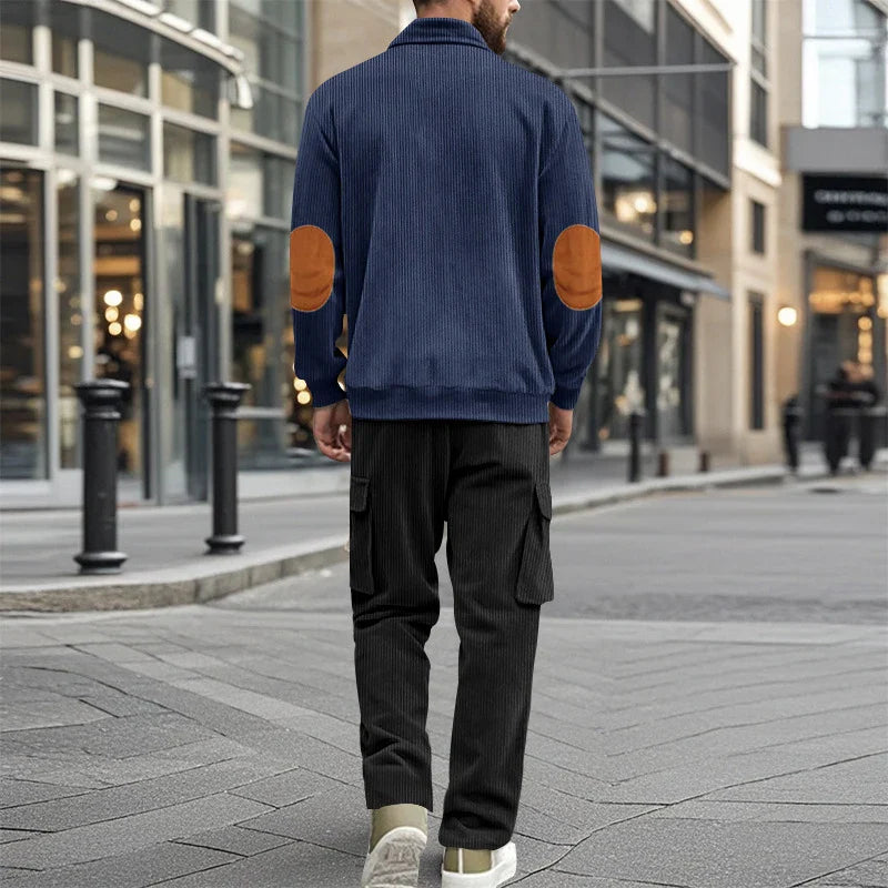 sanyamk - Vintage Patchwork Corduroy Outfits Mens Long Sleeve Stand Collar Sweatshirts And Pants Two Piece Sets Men Clothing Casual Suits