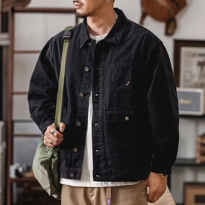 BONSIR - Vintage Patch Pockets Cargo Shirt Mens Jackets Casual Long Sleeve Button Lapel Jacket Coat Streetwear Men Clothes Outerwear Fall