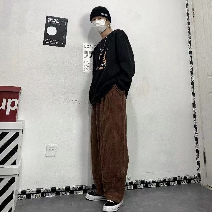 sanyamk Men's Korean Style Retro Trend Sweatpants Corduroy Fabric Solid Color Straight Casual Pants Loose Brown Color Trousers
