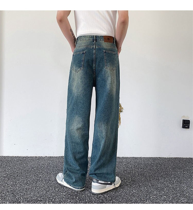 Bonsir Summer Men's Worn Out Jeans Vintage Distressed Hole Wide Leg Denim Straight Pants Korean Personality Casual Srteet