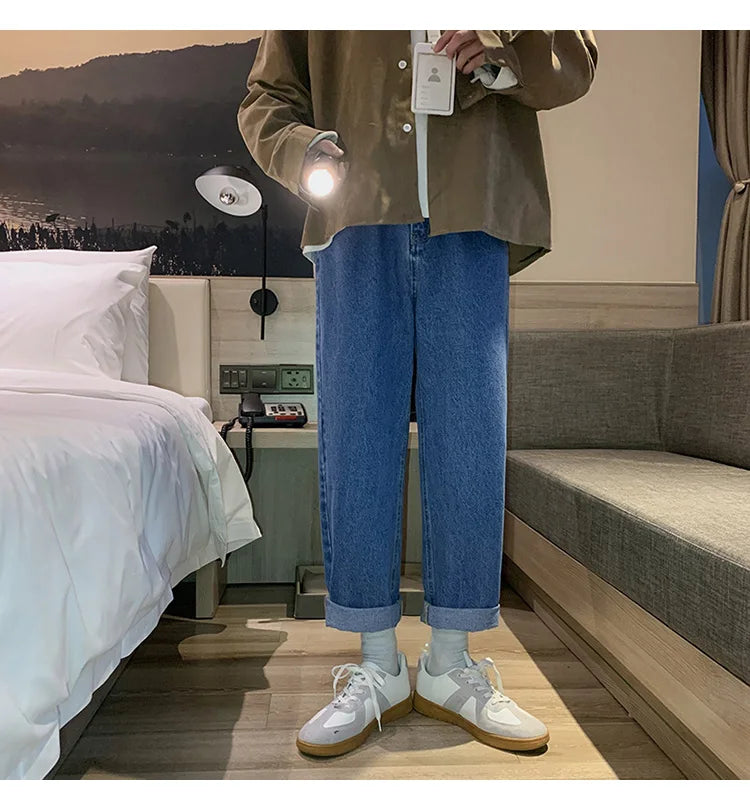 BONSIR - Streetwear Baggy Jeans New Spring Summer Men Korean Fashion Loose Straight Wide Leg Pants Male Clothing Light blue