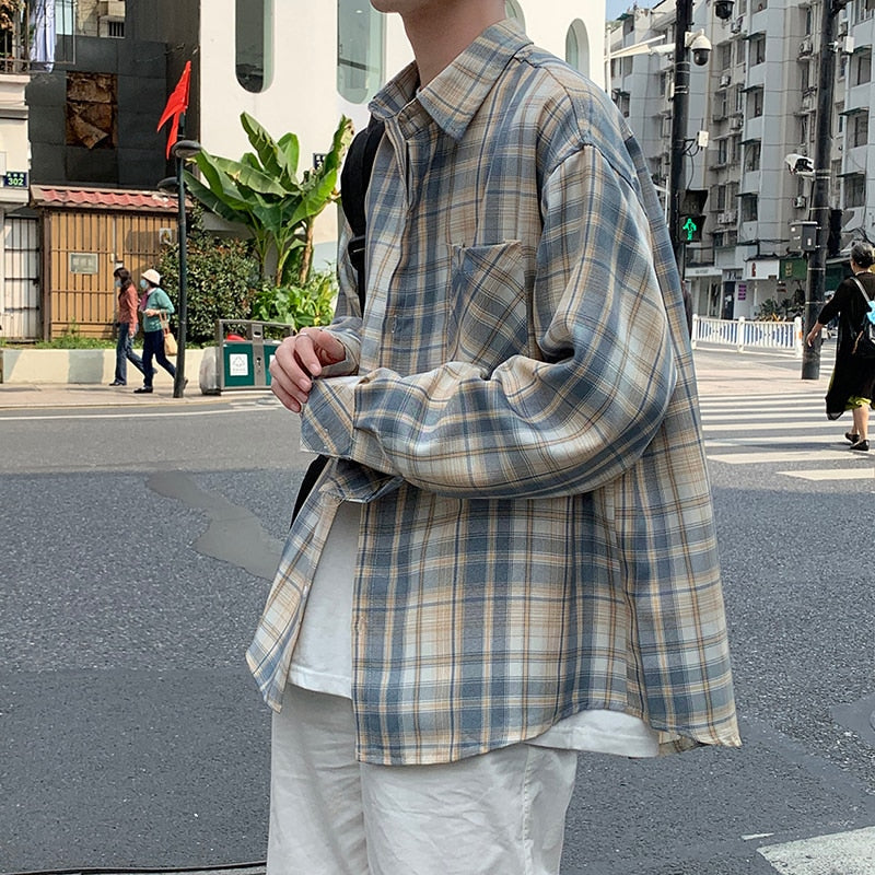 sanyamk New Vintage Plaid Shirt Men Clothing Japanese Korean Fashion Designer Loose Long Sleeve Casual Oversized Shirts for Men