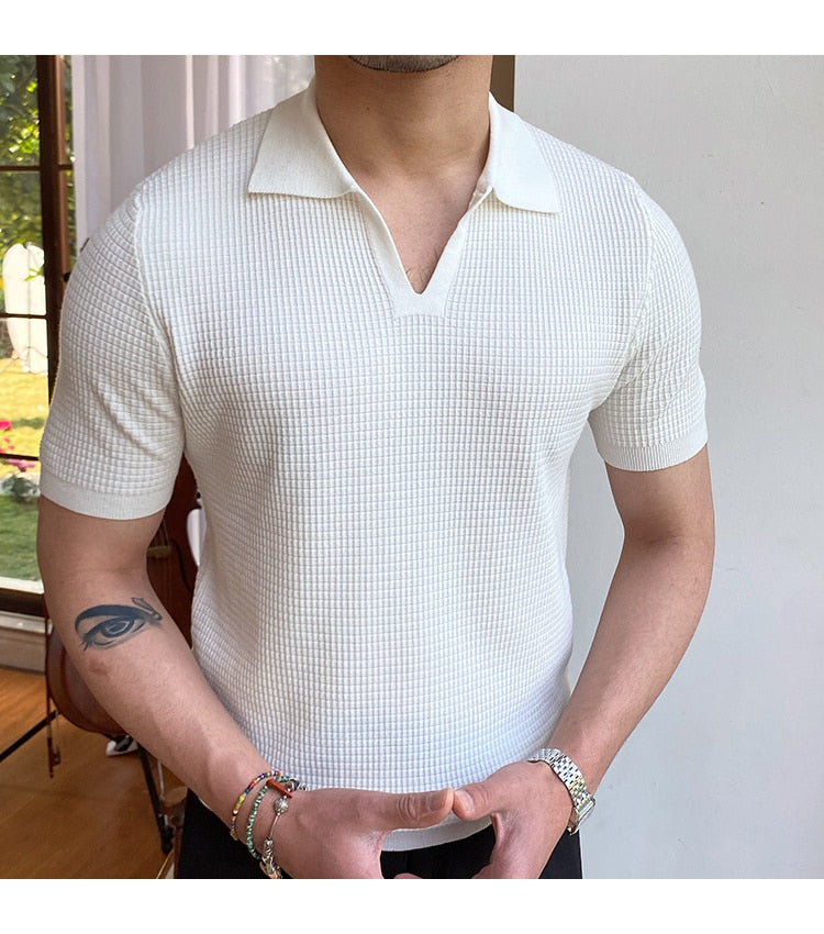 sanyamk Summer New V-neck Men's Solid Color Short-sleeved T-shirt British Slim Lapel Knitted Striped Casual Polo Shirt
