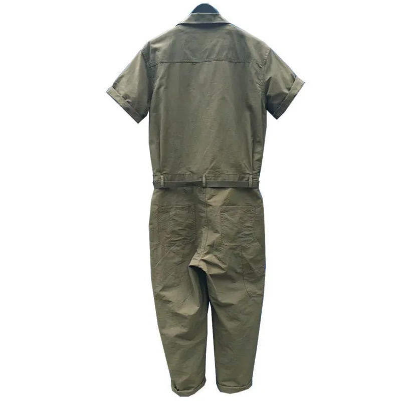 Bonsir - Mens Cargo Overalls Solid Color Lapel Short Sleeve Casual Jumpsuits Multi Pockets Loose Streetwear Rompers with Belt