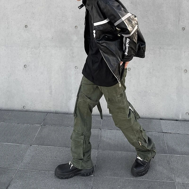 Bonsir American Style High Street Strappy Zipper Tooling Casual Loose Pants Men's Retro Army Green Straight Trousers Male Clothes