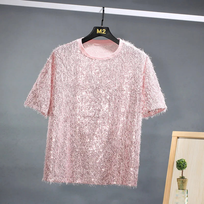 sanyamk - Men Women Sequin Tassels Stage Fashion Show Loose Casual Short Sleeve Tee Shirts Unisex T-shirt Party Clothing Couple Tshirts