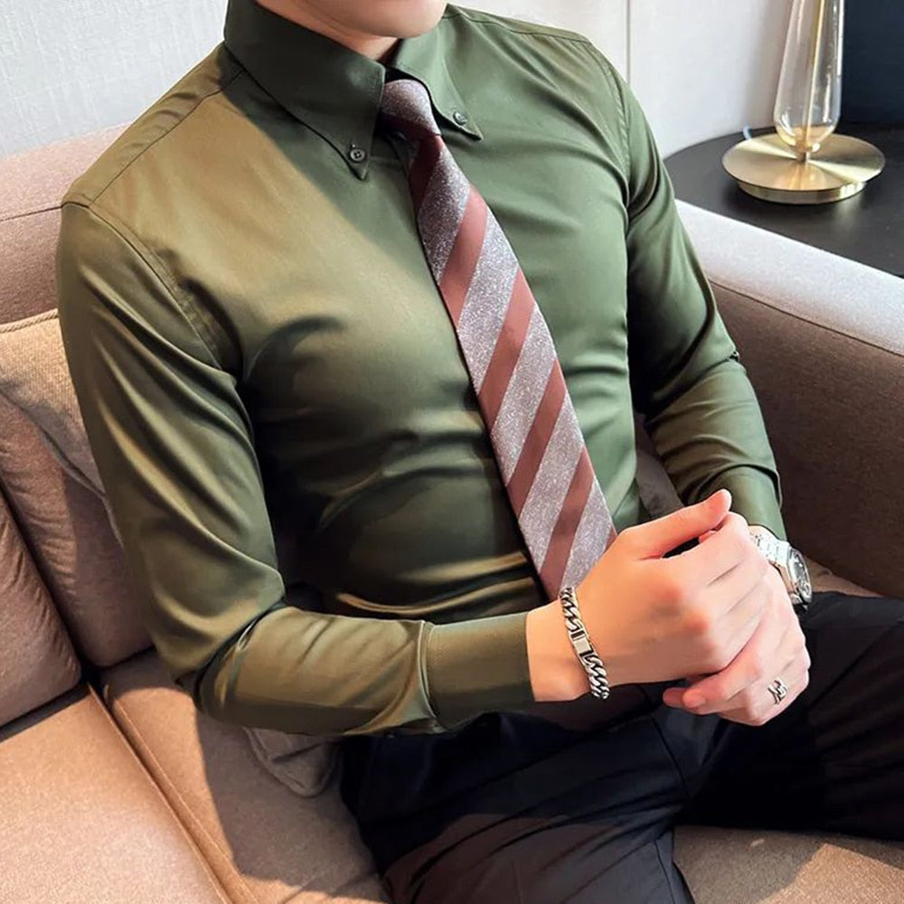 sanyamk Elegant Italian Style Large Collar Suit Shirt Men's Solid Color Long-sleeved Slim-fit Fashion Gentleman Casual Business Suit