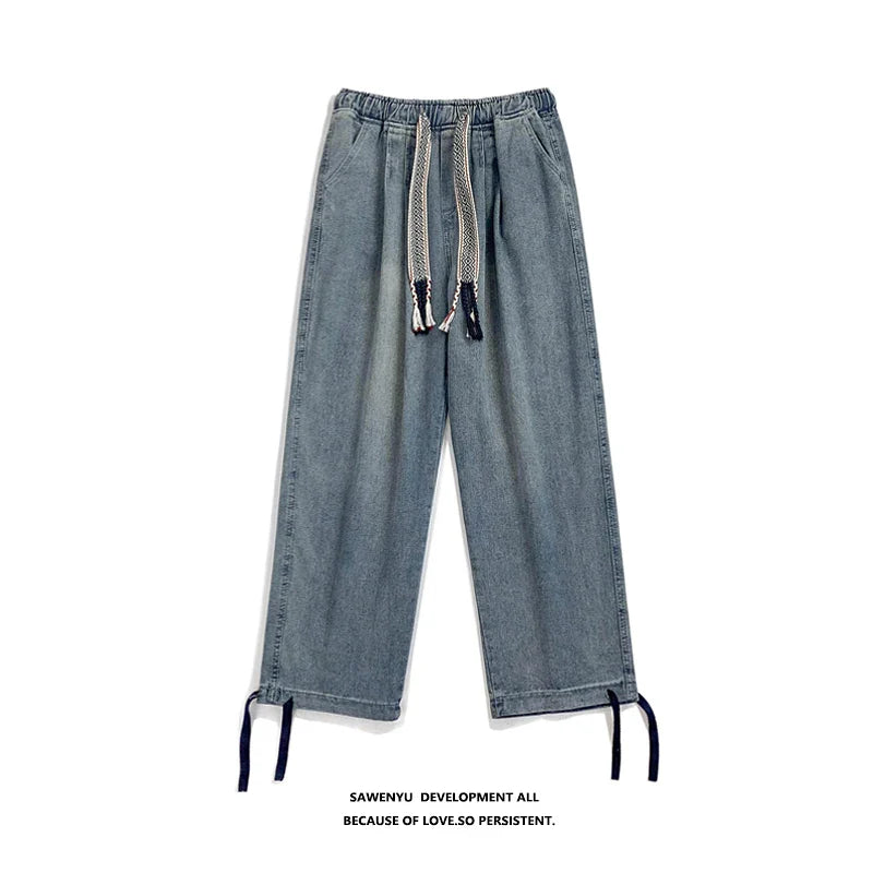 BONSIR - New Fashion Men Jeans Vintage Hip Hop Denim Pants Ethnic Pattern Drawstring Male Straight Loose Streetwear Baggy Cowboy Trousers