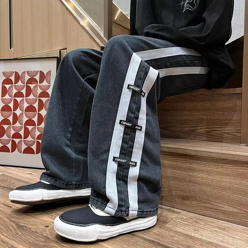 sanyamk Men Jeans Pants Black Wide Leg Oversize Cargo Korean Streetwear Hip Hop Harajuku Denim Trousers