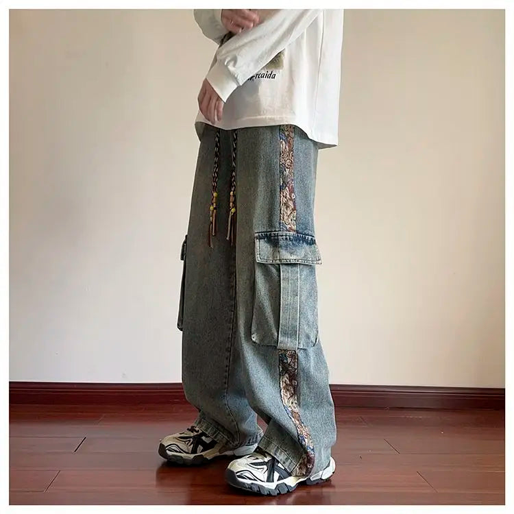 sanyamk Hip hop trend personalized straight leg retro washed workwear jeans American men and women street loose wide leg casual pants