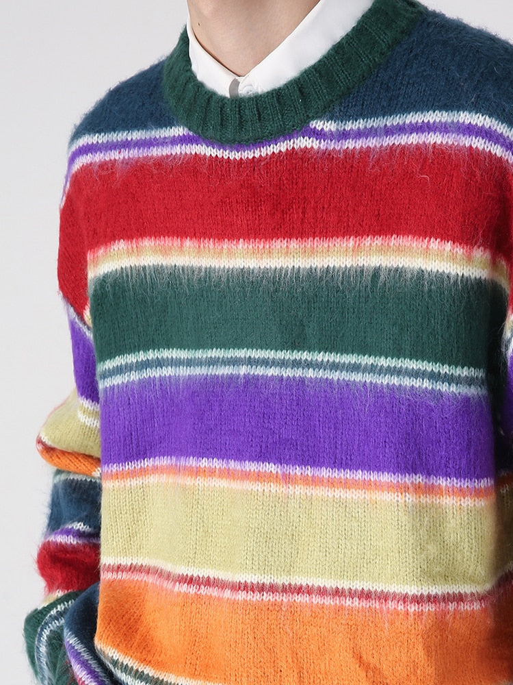 Bonsir Men's Pullover Autumn Winter New American Rainbow Stripe Contrast Round Neck Sweater Casual Long Sleeve Male Tops