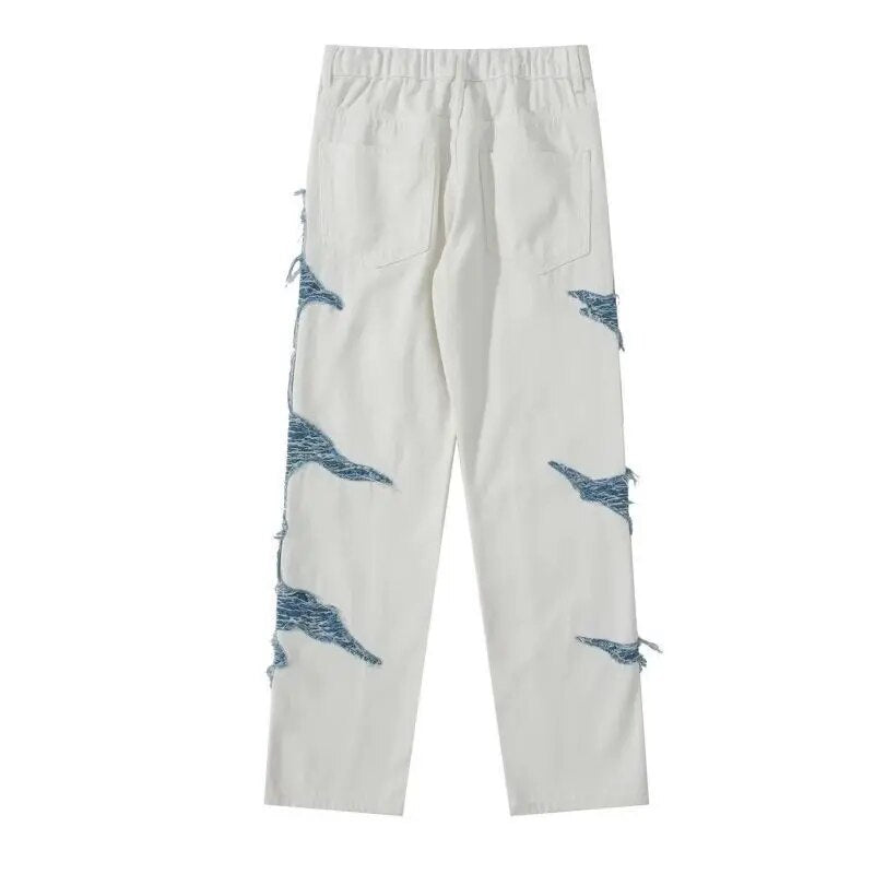 Bonsir American stitching white washed trousers retro street color contrast damaged details loose fashion straight jeans men and women