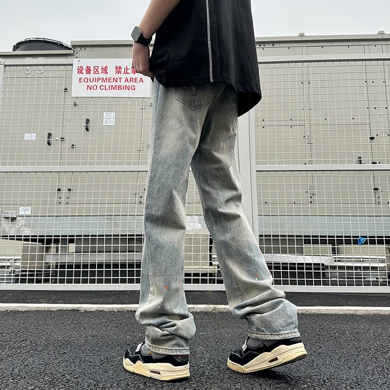 BONSIR - New Ripped Jeans Man Pants Colored Paint Dots Long Straight Casual Denim Trousers Fashion Oversized Streetwear Clothing Men