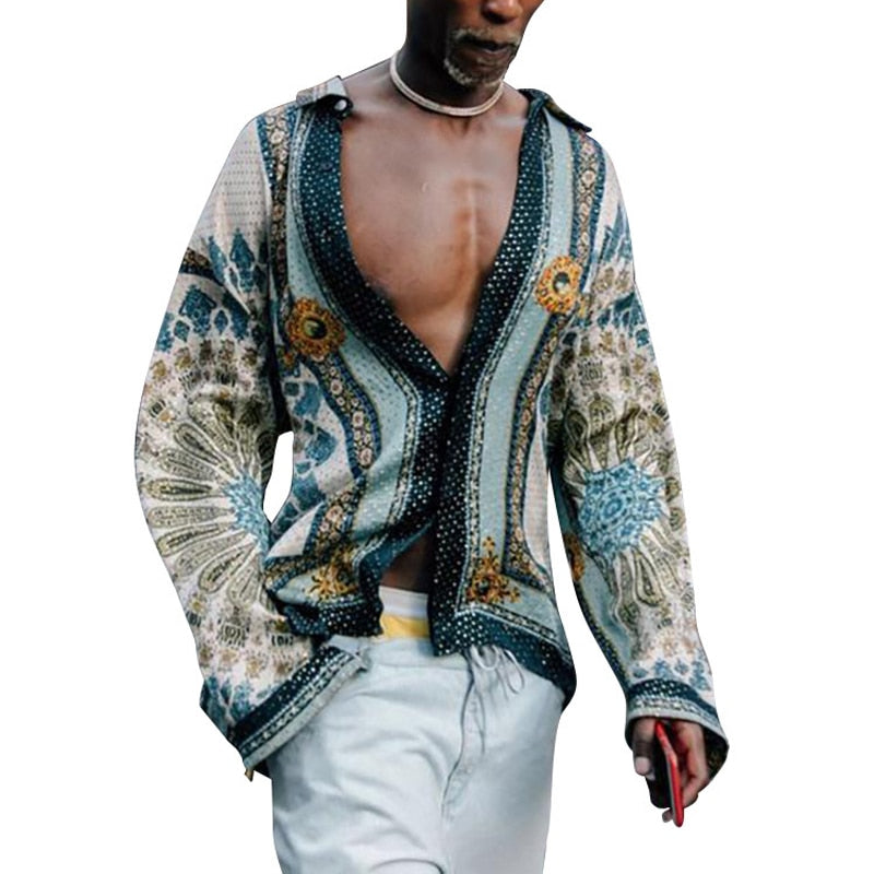 Bonsir Summer Vintage Print Shirt Men Loose Long Sleeve Turndown Collar Cardigan Tee Men's Casual Ethnic Style Shirts Streetwear