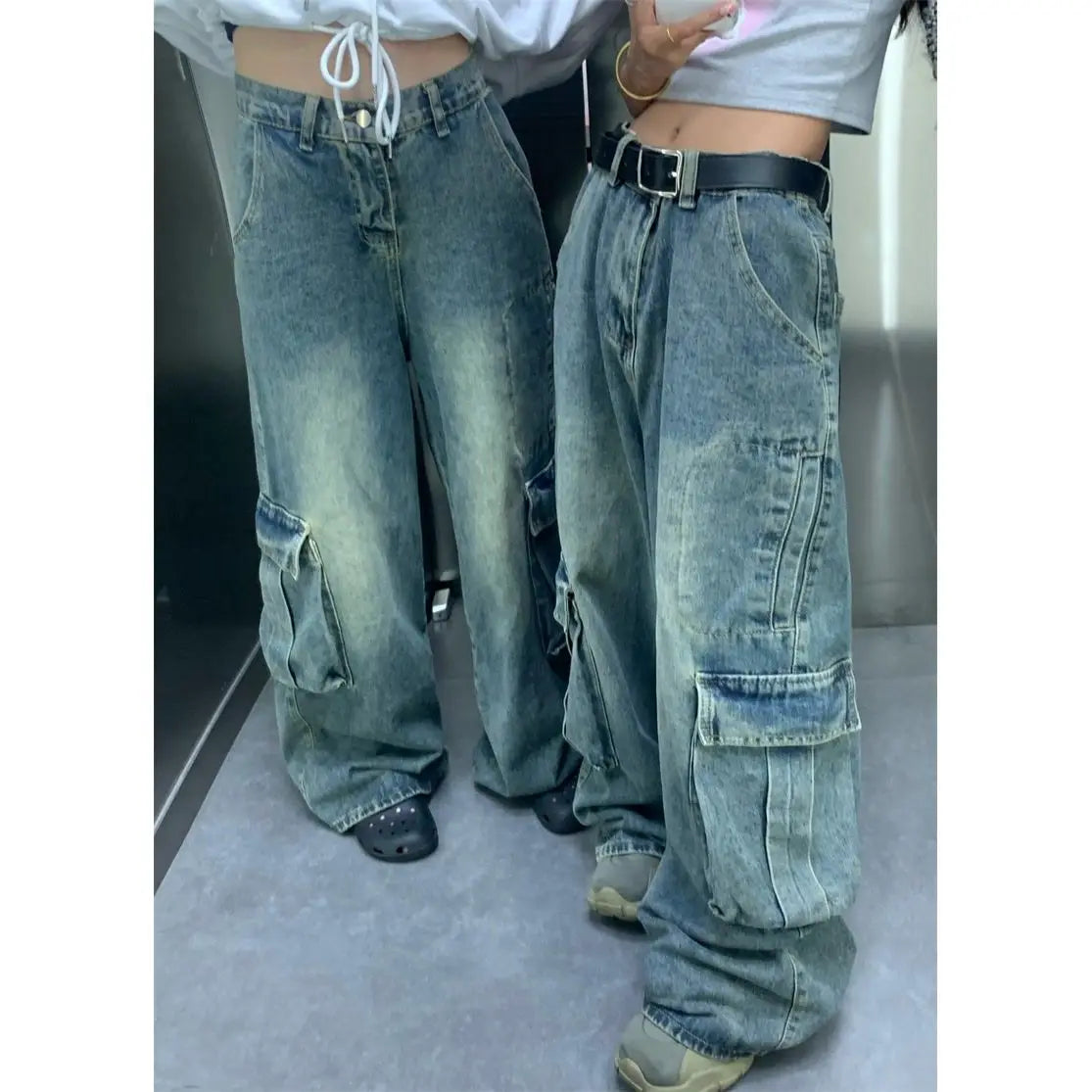 sanyamk American high street retro multi pocket design workwear jeans for men and women loose washed straight leg casual wide leg pants