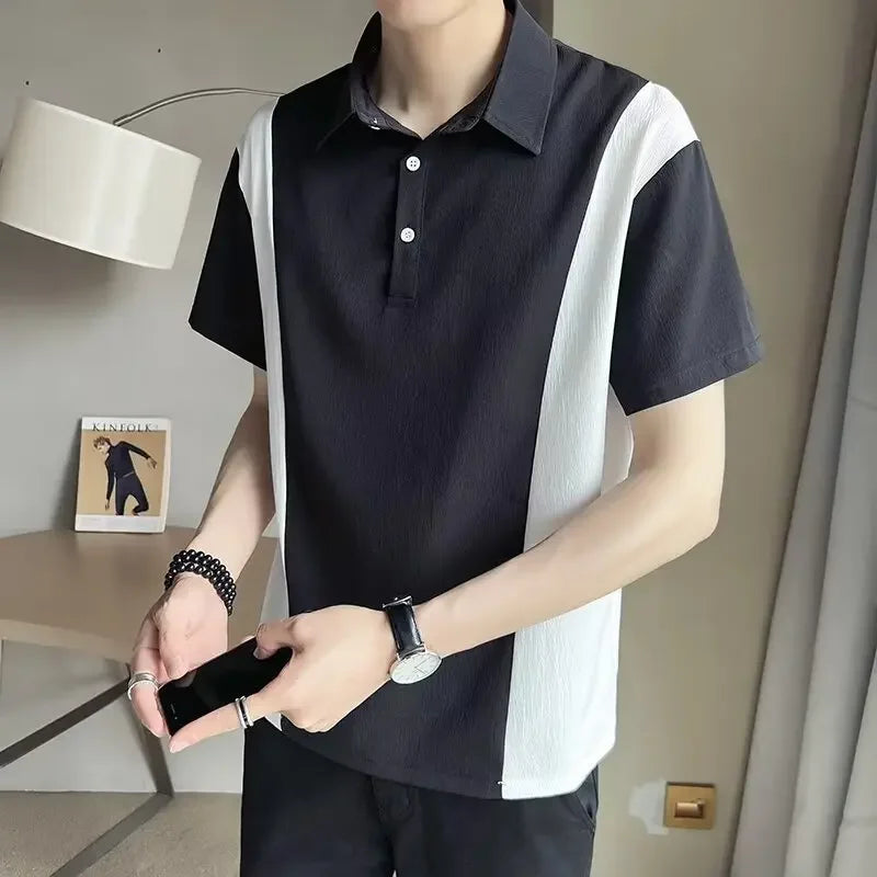 sanyamk Fashionable Hong Kong Style Casual Men's Polo Shirt Short Sleeves Trendy Brand New Summer Neutral Black For All Seasons