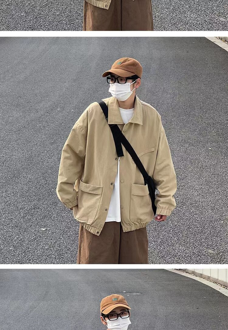 sanyamk Men's Japanese Vintage Lapel Collar Cargo Jackets Work Clothes Harajuku Loose Casual Coats Solid Color Outerwear M-2XL