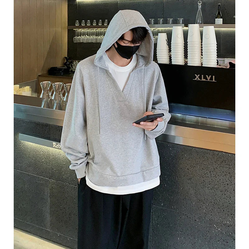 sanyamk - American Style Men's Hoodies Fake Two-piece Hooded Drawstring Loose Solid Color Casual Pullover Male Sweatshirts New 9C7274