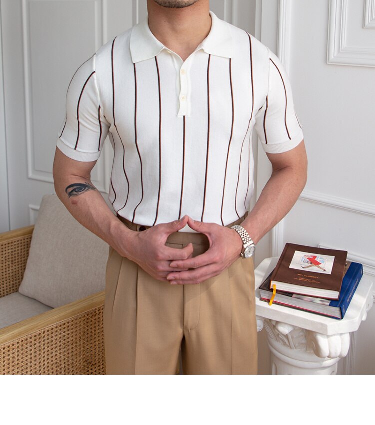sanyamk Contrasting Stripes Casual Slim Lapel Polo Summer Knit Lapel T-shirt Polo Camisa Hombre British Men's Shirt Mannen Polo