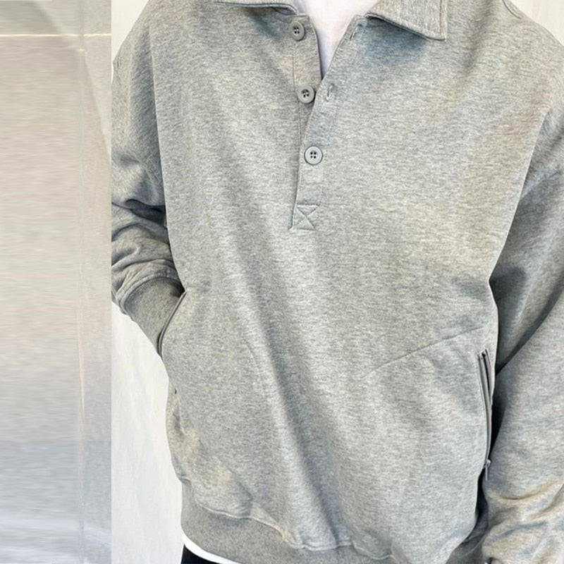 sanyamk Fashion Solid Color Lapel Button Sweatshirt Mens Spring Long Sleeve Loose Pullover For Men's Clothes Streetwear Vintage Hoodies