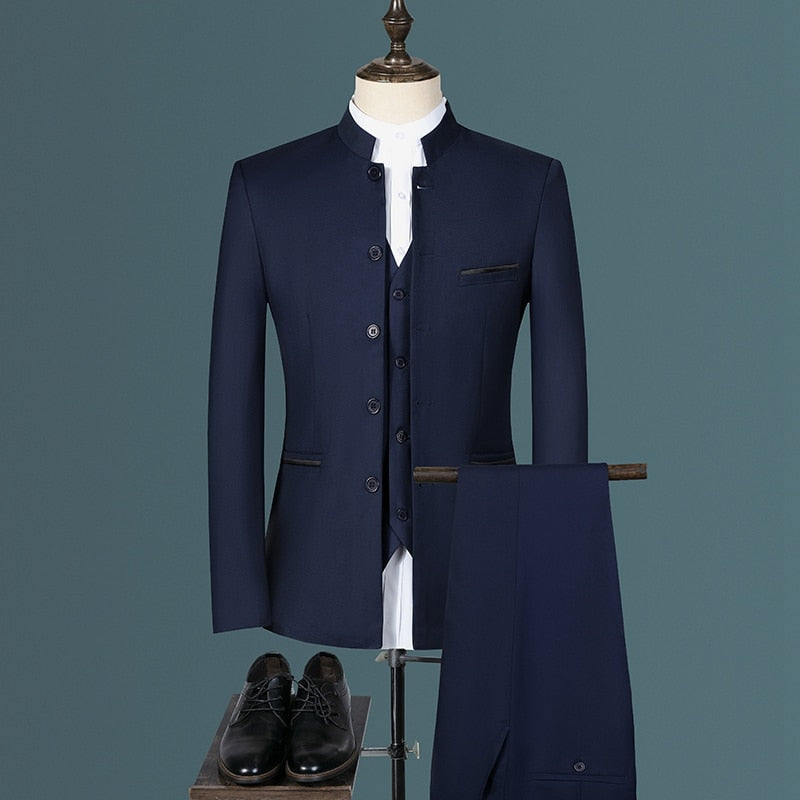 sanyamk Stand Collar Men Blazer Pants Vest Business Men's Wedding Suit Jacket Coat Trousers Waistcoat High Quality Slim Vest Dress Set