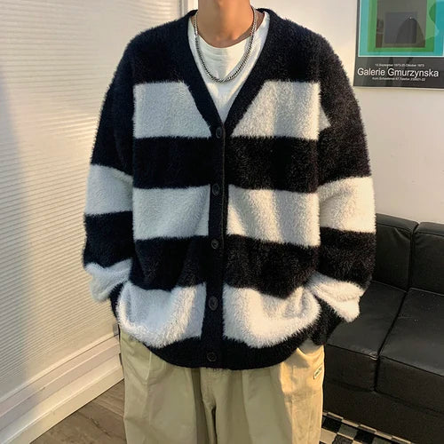 Bonsir Male Cardigans Vintage Retro Sweater Men's Knitted Contrast Color Sweater Winter Warm Casual Korean Streetwear Harajuku F140