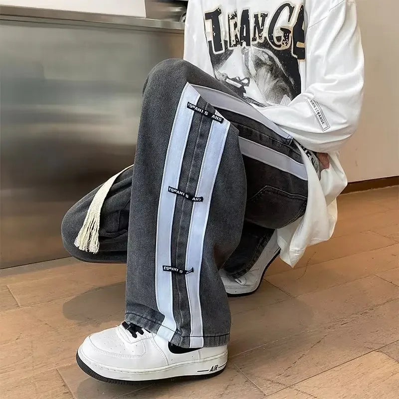 BONSIR - Men Skeleton Baggy Causal Jeans Pants Japanese Streetwear Wide Leg S Male Blue Vintage Denim Trousers