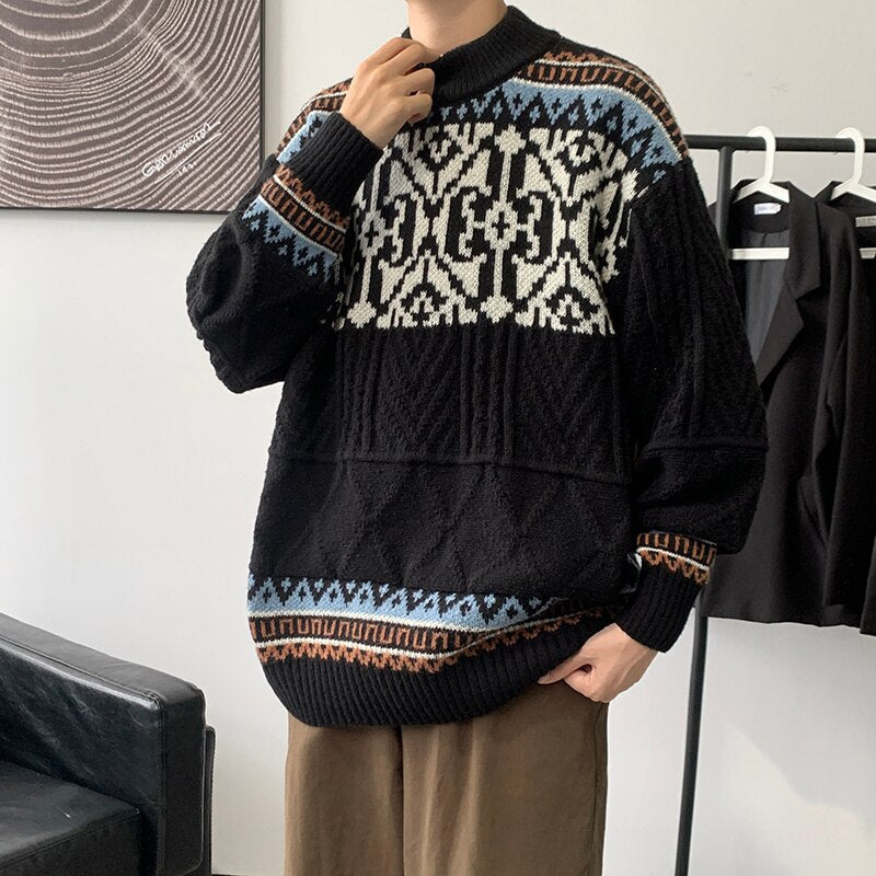 Bonsir Men's Loose Jacquard Sweater Vintage Autumn Korean Style Fashion Knitted Pullovers Round Neck Casual Male Knitwear