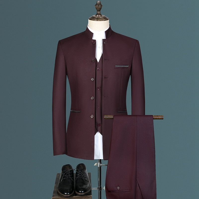 sanyamk Stand Collar Men Blazer Pants Vest Business Men's Wedding Suit Jacket Coat Trousers Waistcoat High Quality Slim Vest Dress Set