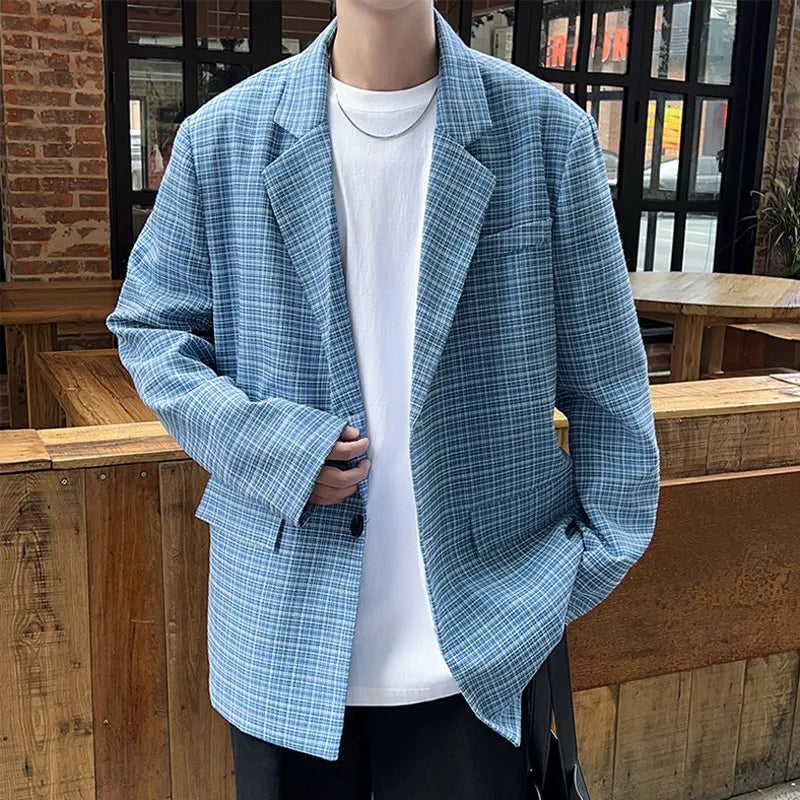 sanyamk - Fashion Oversize Plaid Blazer Jacket Men Japanese Style Clothing Vintage Casual Loose Grid Suit Coat Hip Hop Streetwear Khaki