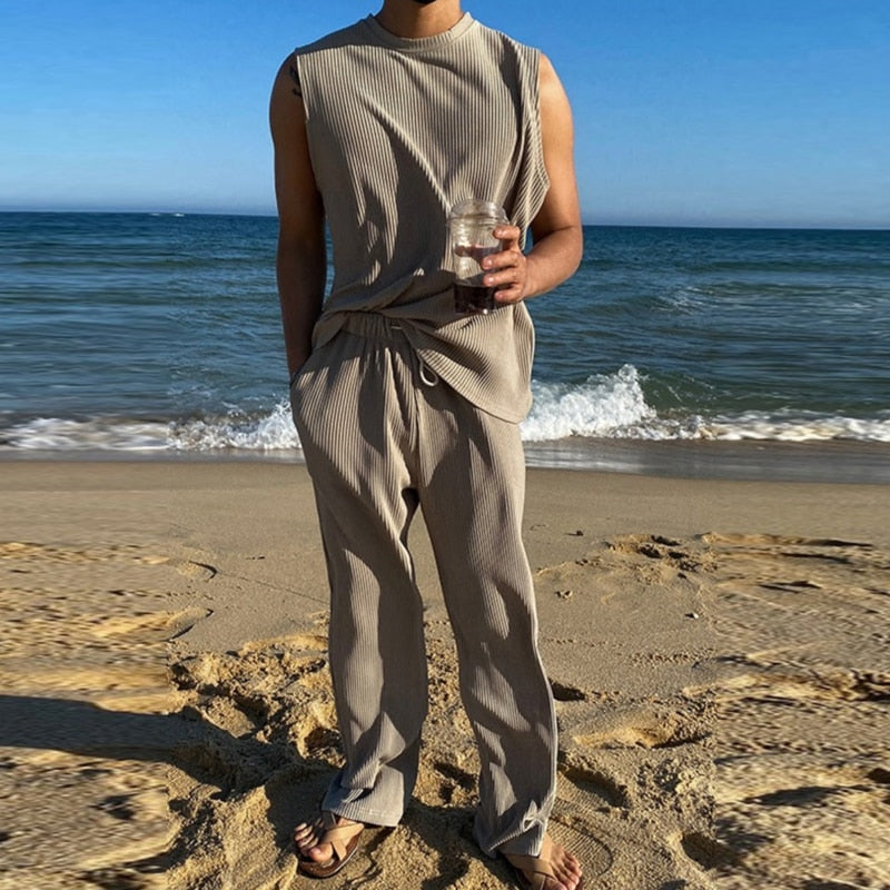 sanyamk Men Striped 2Pc Set Streetwear Casual Beach Tracksuit For Man Outdoor Sleeveless Crew Neck Crop Top+Drawstring Long Pants Suits