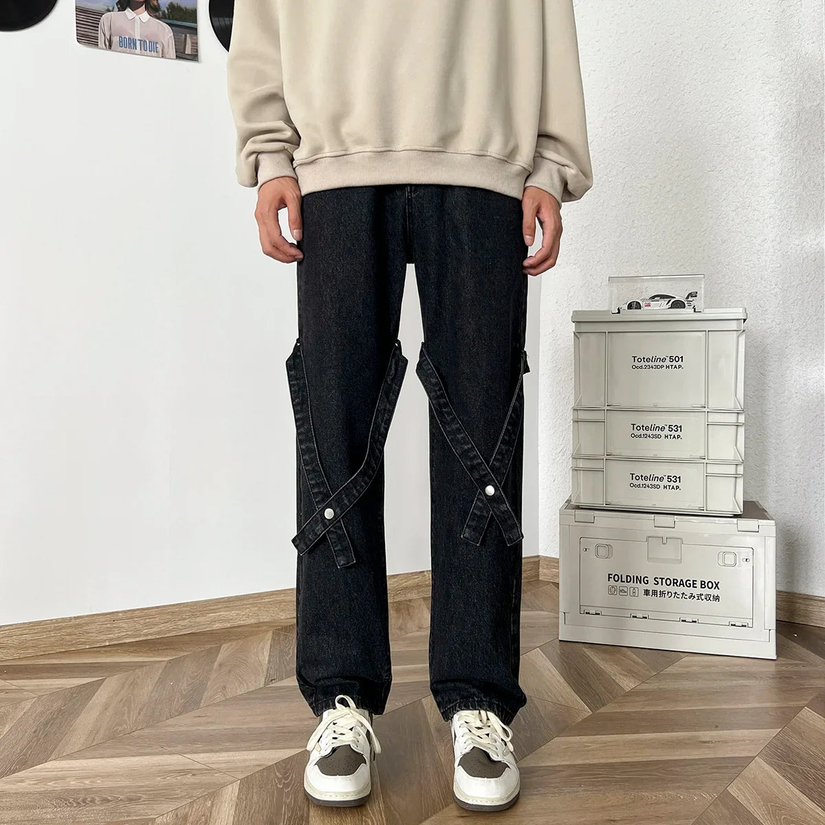 sanyamk American High Street Jeans for Men, Washed Straight-leg Trousers with Straps, Casual, Comfortable and Versatile Long Trousers