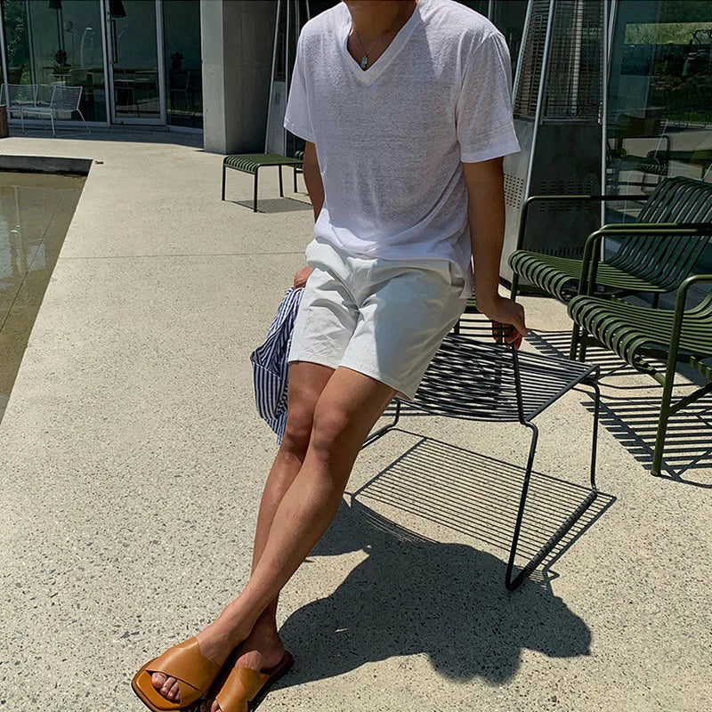 sanyamk - Daily Casual Simple Solid Color Mens White T Shirt Summer Fashion V Neck Short Sleeve T-shirts Men Stylish Slim Fit Pullover Tee