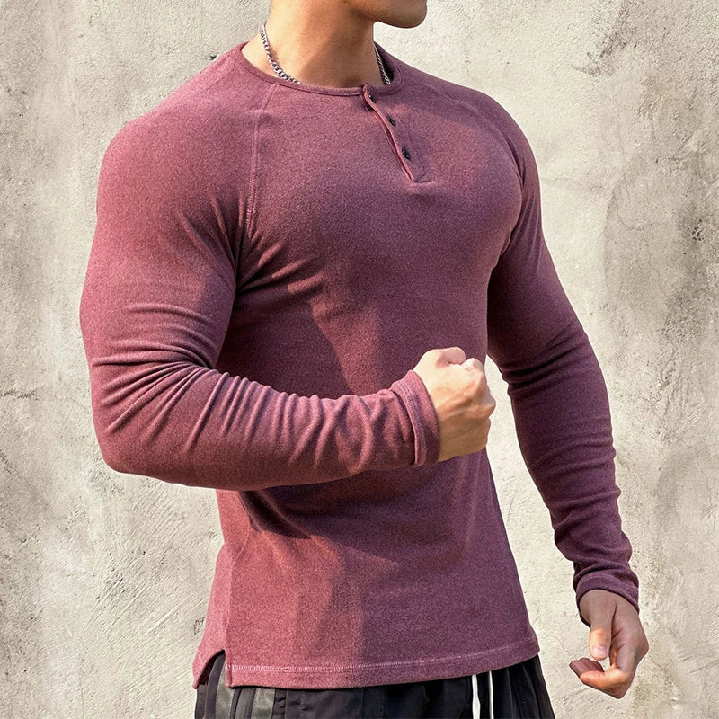 sanyamk - Casual Long Sleeve Solid T-shirt Gym Man Long Sleeve Henry Collar Shirt Muscle Men Elastic Ribbed Basic Tops Pullover Streetwear