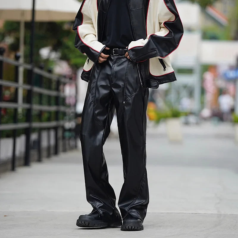 sanyamk - Autumn Winter Men's Leather Motorcycle Pants Black Punk PU Pants Men Women Straight Mopping Trousers Streetwear Waterproof