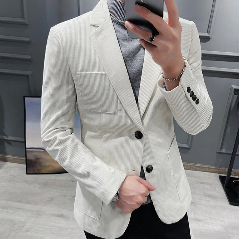 sanyamk British Style Fashion Men's Suit Jacket Slim Fit Handsome Suit Jacket Fashion Men's Business Jacket Corduroy Blazers Size S-3XL