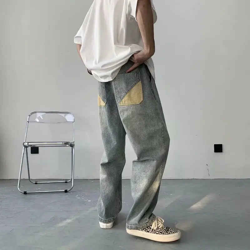 sanyamk Lazy Style Men Jeans Korean Hip Hop Patchwork Oversized Straight Jean Pants Streetwear All-match Denim Pants Light blue jeans