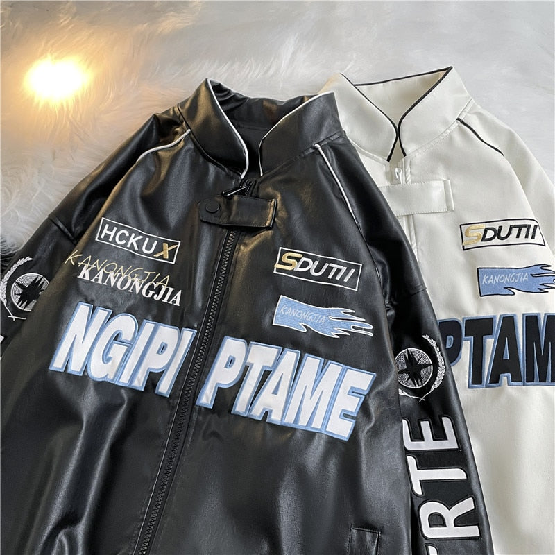 sanyamk American Embroidered Leather Jacket Men Pilot Motorcycle Suit New Fashion Casual Punk Harajuku Oversized Jacket Streetwear